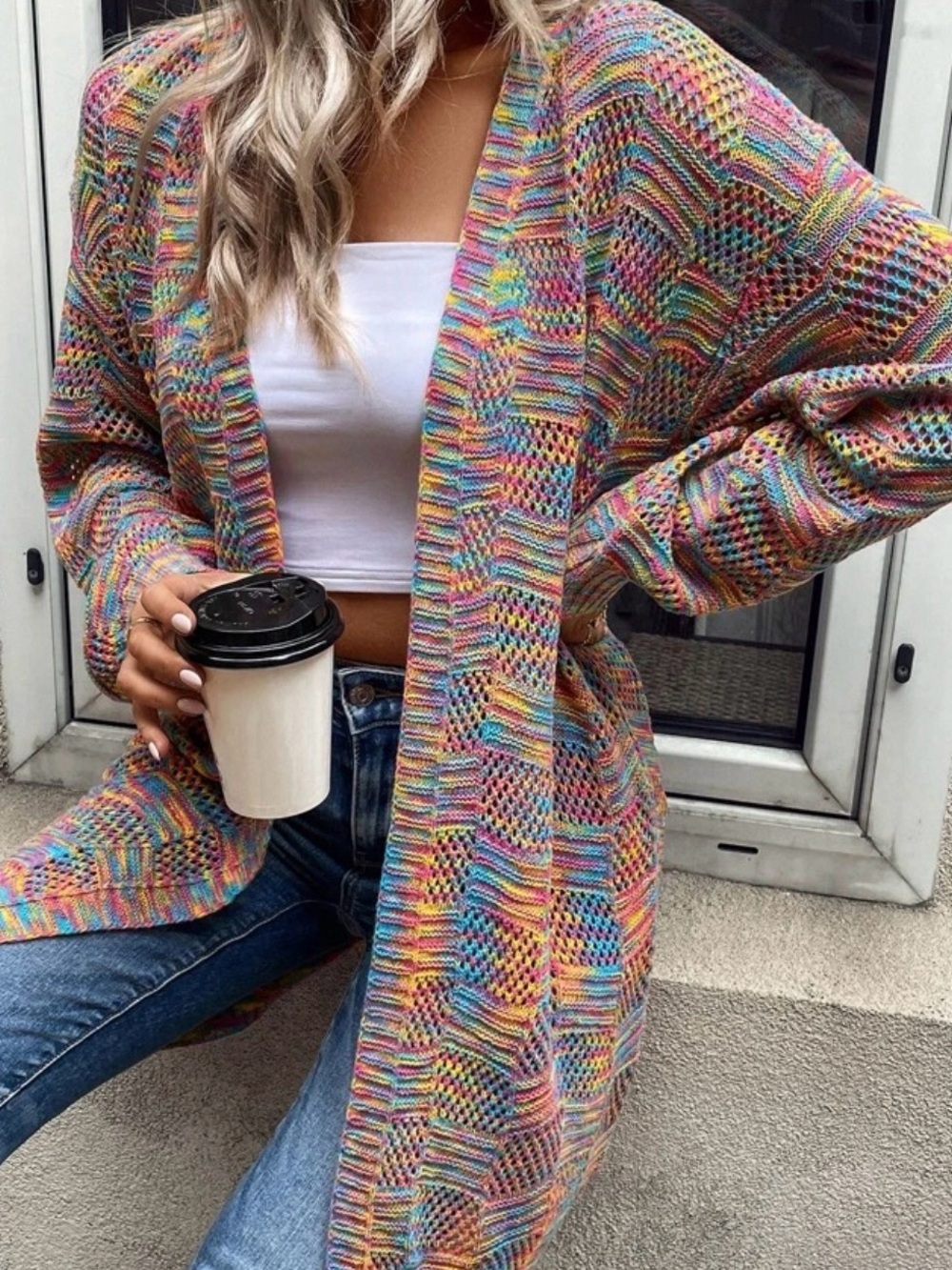 Multicolor Open-Front Knit Cardigan Sweater for Women